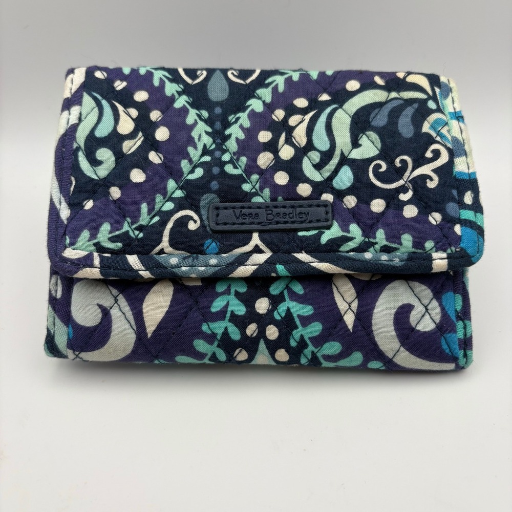 Vera Bradley RFID Trifold Wallet Navy Teal Paisley Quilted Cotton Small